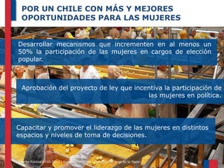 POR UN CHILE CON MÁS Y MEJORES
OPORTUNIDADES PARA LAS MUJERES
Desarrollar mecanismos que incrementen en al menos un
50% la participación de las mujeres en cargos de elección
popular.

Aprobación del proyecto de ley que incentiva la participación de
las mujeres en política.

Capacitar y promover el liderazgo de las mujeres en distintos
espacios y niveles de toma de decisiones.

Cuenta Pública 2010-2013 | Gobierno de Chile | Servicio Nacional de la Mujer

 