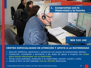 1. Compromiso con la
Maternidad y la Familia

800 520 100
CENTRO ESPECIALIZADO DE ATENCIÓN Y APOYO A LA MATERNIDAD
 Atención telefónica, electrónica y presencial con equipo de profesionales idóneos.
 Contención, orientación y derivación a las redes de apoyo a mujeres con dudas
sobre temas relacionados con la maternidad.
 Temas como postnatal, protección a la maternidad, pensión, tuición y visita.
 Desde el 2011 se han realizado más de 180.000 atenciones.
Cuenta Pública 2010-2013 | Gobierno de Chile | Servicio Nacional de la Mujer

38

 