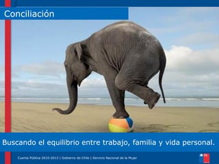Conciliación

Creando

Buscando el equilibrio entre trabajo, familia y vida personal.
Cuenta Pública 2010-2013 | Gobierno de Chile | Servicio Nacional de la Mujer

 