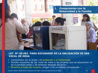 1. Compromiso con la
Maternidad y la Familia

LEY Nº 20.682 PARA EXCUSARSE DE LA OBLIGACIÓN DE SER
VOCAL DE MESA
 Compromiso con la mujer y la protección a la maternidad.
 Permite excusarse de ser vocal de mesa a las mujeres que se encuentren en
las 6 semanas antes y 24 semanas después del parto.
 Beneficia a todas las mujeres, tengan o no un trabajo remunerado.
Cuenta Pública 2010-2013 | Gobierno de Chile | Servicio Nacional de la Mujer

41

 