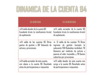 ES DEBITADA                             ES ACREDITADA

El saldo deudor de la cuenta 83        El saldo acreedor de la cuenta 83
Excedente bruto (o insuficiencia bruta) Excedente bruto (o insuficiencia bruta)
de explotación.                         de explotación.

El saldo de las cuentas 65 Otros . El saldo de las cuentas 75 Otros
gastos de gestión y 68 Valuación de ingresos de gestión (excepto la
activos y provisiones.              subcuenta 759 1Subsidios recibidos), 76
                                    Ganancia por medición de activos y
                                    pasivos al valor razonable, y 78 Gastos
                                    cubiertos por provisiones
El saldo acreedor de esta cuenta,   El saldo deudor de esta cuenta con
con abono a la cuenta 85 Resultado cargo a la cuenta 85 Resultado antes
antes de participaciones e impuestos de participaciones e impuestos.
 