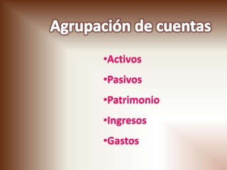 •Activos
•Pasivos
•Patrimonio
•Ingresos
•Gastos
 