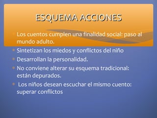 ESQUEMA ACCIONES
∗ Los cuentos cumplen una finalidad social: paso al
  mundo adulto.
∗ Sintetizan los miedos y conflictos del niño
∗ Desarrollan la personalidad.
∗ No conviene alterar su esquema tradicional:
  están depurados.
∗ Los niños desean escuchar el mismo cuento:
  superar conflictos
 
