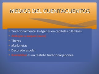 MEDIOS DEL CUENTACUENTOS


∗   Tradicionalmente: imágenes en capiteles o láminas.
∗   Aleluyas o auques (auca)
∗   Títeres
∗   Marionetas
∗   Decorado escolar
∗   Kamishibai es un teatrito tradicional japonés.
 