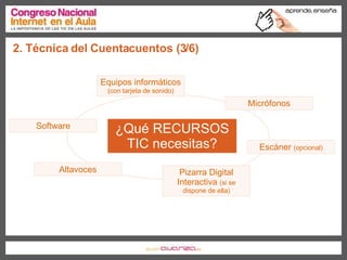 2. Técnica del Cuentacuentos (3/6) ¿Qué RECURSOS TIC necesitas? Equipos informáticos  (con tarjeta de sonido) Altavoces Micrófonos Software Pizarra Digital Interactiva  (si se dispone de ella) Escáner  (opcional) 