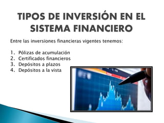 TIPOS DE INVERSIÓN EN EL
SISTEMA FINANCIERO
Entre las inversiones financieras vigentes tenemos:
1. Pólizas de acumulación
2. Certificados financieros
3. Depósitos a plazos
4. Depósitos a la vista
 