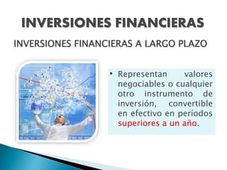 INVERSIONES FINANCIERAS
INVERSIONES FINANCIERAS A LARGO PLAZO
• Representan valores
negociables o cualquier
otro instrumento de
inversión, convertible
en efectivo en períodos
superiores a un año.
 