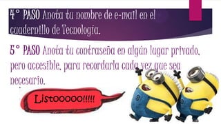 4° PASO Anota tu nombre de e-mail en el
cuadernillo de Tecnología.
5° PASO Anota tu contraseña en algún lugar privado,
pero accesible, para recordarla cada vez que sea
necesario.
Listooooo!!!!!
 