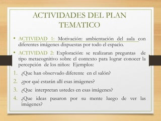 ACTIVIDADES DEL PLAN
TEMATICO
• ACTIVIDAD 1: Motivación: ambientación del aula con
diferentes imágenes dispuestas por todo el espacio.
• ACTIVIDAD 2: Exploración: se realizaran preguntas de
tipo metacognitivo sobre el contexto para lograr conocer la
percepción de los niños: Ejemplos:
1. ¿Que han observado diferente en el salón?
2. ¿por qué estarán allí esas imágenes?
3. ¿Que interpretan ustedes en esas imágenes?
4. ¿Que ideas pasaron por su mente luego de ver las
imágenes?
 