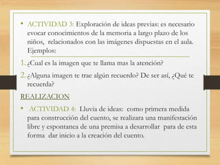 • ACTIVIDAD 3: Exploración de ideas previas: es necesario
evocar conocimientos de la memoria a largo plazo de los
niños, relacionados con las imágenes dispuestas en el aula.
Ejemplos:
1.¿Cual es la imagen que te llama mas la atención?
2.¿Alguna imagen te trae algún recuerdo? De ser así, ¿Qué te
recuerda?
REALIZACION
• ACTIVIDAD 4: Lluvia de ideas: como primera medida
para construcción del cuento, se realizara una manifestación
libre y espontanea de una premisa a desarrollar para de esta
forma dar inicio a la creación del cuento.
 
