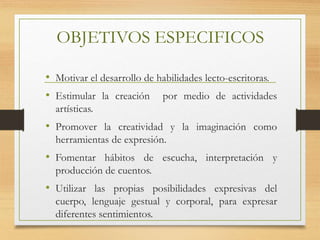 OBJETIVOS ESPECIFICOS
• Motivar el desarrollo de habilidades lecto-escritoras.
• Estimular la creación por medio de actividades
artísticas.
• Promover la creatividad y la imaginación como
herramientas de expresión.
• Fomentar hábitos de escucha, interpretación y
producción de cuentos.
• Utilizar las propias posibilidades expresivas del
cuerpo, lenguaje gestual y corporal, para expresar
diferentes sentimientos.
 