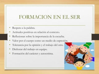 FORMACION EN EL SER
• Respeto a la palabra.
• Actitudes positivas en relación al contexto.
• Reflexionar sobre la importancia de la escucha.
• Valor por el cuerpo como un medio de expresión.
• Tolerancia por la opinión y el trabajo del otro.
• Disfrutar del trabajo en equipo.
• Formación del carácter y autoestima.
 