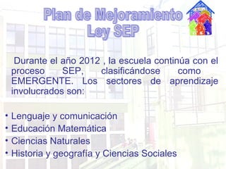 Durante el año 2012 , la escuela continúa con el
    proceso     SEP,    clasificándose      como
    EMERGENTE. Los secto...