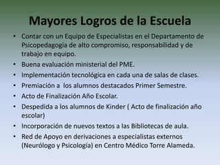 Mayores Logros de la Escuela
• Contar con un Equipo de Especialistas en el Departamento de
  Psicopedagogía de alto compromiso, responsabilidad y de
  trabajo en equipo.
• Buena evaluación ministerial del PME.
• Implementación tecnológica en cada una de salas de clases.
• Premiación a los alumnos destacados Primer Semestre.
• Acto de Finalización Año Escolar.
• Despedida a los alumnos de Kinder ( Acto de finalización año
  escolar)
• Incorporación de nuevos textos a las Bibliotecas de aula.
• Red de Apoyo en derivaciones a especialistas externos
  (Neurólogo y Psicología) en Centro Médico Torre Alameda.
 