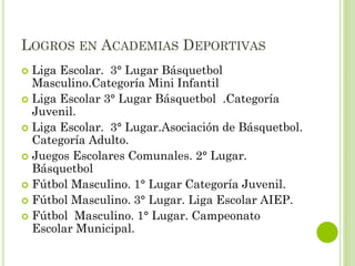 LOGROS EN ACADEMIAS DEPORTIVAS
 Liga Escolar. 3° Lugar Básquetbol
Masculino.Categoría Mini Infantil
 Liga Escolar 3° Lugar Básquetbol .Categoría
Juvenil.
 Liga Escolar. 3° Lugar.Asociación de Básquetbol.
Categoría Adulto.
 Juegos Escolares Comunales. 2° Lugar.
Básquetbol
 Fútbol Masculino. 1° Lugar Categoría Juvenil.
 Fútbol Masculino. 3° Lugar. Liga Escolar AIEP.
 Fútbol Masculino. 1° Lugar. Campeonato
Escolar Municipal.
 