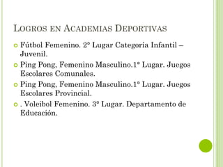 LOGROS EN ACADEMIAS DEPORTIVAS
 Fútbol Femenino. 2° Lugar Categoría Infantil –
Juvenil.
 Ping Pong, Femenino Masculino.1° Lugar. Juegos
Escolares Comunales.
 Ping Pong, Femenino Masculino.1° Lugar. Juegos
Escolares Provincial.
 . Voleibol Femenino. 3° Lugar. Departamento de
Educación.
 