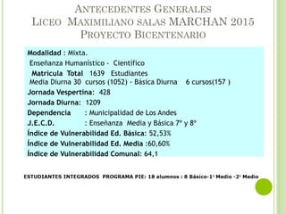 ANTECEDENTES GENERALES
LICEO MAXIMILIANO SALAS MARCHAN 2015
PROYECTO BICENTENARIO
Modalidad : Mixta.
Enseñanza Humanístico - Científico
Matrícula Total 1639 Estudiantes
Media Diurna 30 cursos (1052) - Básica Diurna 6 cursos(157 )
Jornada Vespertina: 428
Jornada Diurna: 1209
Dependencia : Municipalidad de Los Andes
J.E.C.D. : Enseñanza Media y Básica 7º y 8º
Índice de Vulnerabilidad Ed. Básica: 52,53%
Índice de Vulnerabilidad Ed. Media :60,60%
Índice de Vulnerabilidad Comunal: 64,1
 