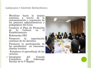LIDERAZGO Y GESTIÓN ESTRATÉGICA
• Movilizar hacia la mejora
continua a través de la
sistematización y regulación de
los procesos administrativos y
pedagógicos del Liceo
• Conducir el Plan de Promoción
de la Cultura en el
Establecimiento
• Reformular PEI.
• Promover la capacitación
continua de los docentes.
• Promover la participación de
los estudiantes en concursos,
charlas eventos.
• Fortalecer el aprendizaje de las
ciencias.
 Integrante del Consejo
Consultivo de Liderazgo
Escolar de la V Región.
 