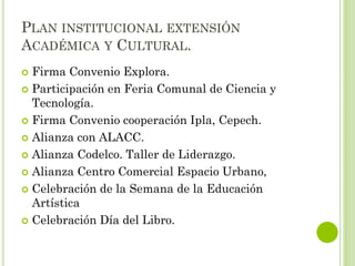 PLAN INSTITUCIONAL EXTENSIÓN
ACADÉMICA Y CULTURAL.
 Firma Convenio Explora.
 Participación en Feria Comunal de Ciencia y
Tecnología.
 Firma Convenio cooperación Ipla, Cepech.
 Alianza con ALACC.
 Alianza Codelco. Taller de Liderazgo.
 Alianza Centro Comercial Espacio Urbano,
 Celebración de la Semana de la Educación
Artística
 Celebración Día del Libro.
 