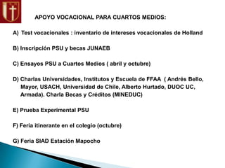 3) APOYO VOCACIONAL PARA CUARTOS MEDIOS:
A) Test vocacionales : inventario de intereses vocacionales de Holland
B) Inscripción PSU y becas JUNAEB
C) Ensayos PSU a Cuartos Medios ( abril y octubre)
D) Charlas Universidades, Institutos y Escuela de FFAA ( Andrés Bello,
Mayor, USACH, Universidad de Chile, Alberto Hurtado, DUOC UC,
Armada). Charla Becas y Créditos (MINEDUC)
E) Prueba Experimental PSU
F) Feria itinerante en el colegio (octubre)
G) Feria SIAD Estación Mapocho
 