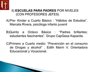 5) ESCUELAS PARA PADRES POR NIVELES
(CON PROFESORES JEFES)
A)Pre- Kinder a Cuarto Básico : “Hábitos de Estudios”.
Marcela Rivera, psicóloga infanto juvenil
B)Quinto a Octavo Básico : “Padres brillantes;
estudiantes fascinantes”. Grupo CapGesa Kapacita.
C)Primero a Cuarto medio: “Prevención en el consumo
de Drogas y alcohol” . Edith Marín V. Orientadora
Educacional y Vocacional.
 