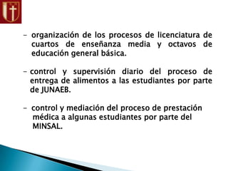 - organización de los procesos de licenciatura de
cuartos de enseñanza media y octavos de
educación general básica.
- control y supervisión diario del proceso de
entrega de alimentos a las estudiantes por parte
de JUNAEB.
- control y mediación del proceso de prestación
médica a algunas estudiantes por parte del
MINSAL.
 