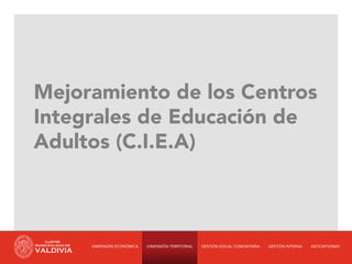 Mejoramiento de los Centros
Integrales de Educación de
Adultos (C.I.E.A)



     DIMENSIÓN ECONÓMICA   DIMENSIÓN TERRITORIAL   GESTIÓN SOCIAL COMUNITARIA   GESTIÓN INTERNA   ASOCIATIVISMO
 