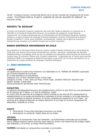 CUENTA PÚBLICA
                                                                                  2010

Verde” y Explora Conicyt, enmarcada dentro de la acción mundial de recuperación de áreas
verdes: “PLANTEMOS PARA EL PLANETA: CAMPAÑA DE LOS MIL MILLONES DE ARBOLES” de
Naciones Unidas.


REVISTA “EL ESCOLAR”

El Centro de Extensión Cultural y Deportivo del Liceo Max Salas se adjudicó un proyecto por $
400.000 en el Fondo de Desarrollo Comunal con el objeto de reeditar la revista literaria
institucional. La iniciativa gestionada por la Coordinadora del CRA Profesora Margarita Calderón
Orellana y nuestro profesor de Lenguaje Francisco Rodríguez se titula "Al Rescate de la Revista
Escolar Liceandino" y tiene como propósito, precisamente, reeditar este órgano de expresión
estudiantil que recupera una tradición liceana que muchos recuerdan.

BANDA SINFÓNICA UNIVERSIDAD DE CHILE

Se presentó en la Parroquia Santa Rosa de nuestra ciudad la Banda Sinfónica de la Universidad de
Chile ante una masiva concurrencia compuesta por vecinos , alumnos y apoderados de distintos
establecimientos municipales entre los que se contaba una importante concurrencias de alumnos de
nuestro liceo. El concierto "Música real, mundos imaginarios", organizada por el Centro para Asuntos
Docentes CEPAD y la Cooperativa Regional Aconcagua y que contó con la activa participación en su
producción de nuestro profesor de Lenguaje, Francisco Rodríguez.

2.- ÁREA DEPORTIVA

AJEDREZ
Los ajedrecista de nuestro liceo mostraron sus habilidades en el TORNEO DE AJEDREZ organizado
por el Centro Español de Los Andes.
En la final destacaron los estudiantes:
Categoría 10 a 13 años: Marcelo Cortes: Primer lugar
Categoría 14 años o más: José Luís Moya: Primer lugar; Jonathan Villarroel: Segundo lugar
Ignacio Postigo: Cuarto lugar
Activa participación del docente señor GermánCueto

BÁSQUETBOL
La selección del Básquetbol femenino del establecimiento contó en el año 2010 con una participación
de 32 alumnas de 7° básico a 4° año de enseñanza media.
En el año 2010 las alumnas de la categoría infantil (nacidas en los años 96-97) representaron al
establecimiento en los juegos del bicentenario realizados el primer semestre y en la liga deportiva
comunal realizados el segundo semestre. En ambas competencias quedamos en el 4° lugar. Las
alumnas de la categoría selección de colegio obtuvieron el 1er lugar en el tercer campeonato de
básquetbol, realizado en el liceo.



KÁRATE
   •   Participación Torneo Artes Marciales Aniversario Los Andes.
   •   Participación en exhibición Teletón Plaza de Los Andes

VÓLEIBOL
Primer lugar en el Campeonato Copa San Sebastián. Las Voleybolistas conducidas por el profesor
Marco Orellana lograron traerse el primer lugar luego de vencer a las selecciones del Colegio Inglés,
San Sebastián y, en la final, al colegio María Auxiliadora.

HANDBOL Actividades en campeonatos comunales y provinciales.
                                                 32
 