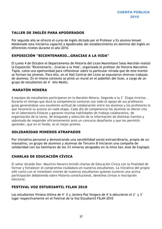 CUENTA PÚBLICA
                                                                            2010



TALLER DE INGLÉS PARA APODERADOS

Por segundo año se ofreció el curso de Inglés dictado por el Profesor y Ex alumno Ismael
Maldonado esta iniciativa capacitó a Apoderados del establecimiento en dominio del Inglés en
diferentes niveles durante el año 2010.

EXPOSICIÓN "BICENTENARIO...GRACIAS A LA VIDA"

El Lunes 4 de Octubre el Departamento de Historia del Liceo Maximilano Salas Marchán realizó
la Exposición "Bicentenario...Gracias a la Vida", organizada el profesor de Historia Marcelino
Tapia, como una oportunidad para reflexionar sobre la particular mirada que de este evento
se forman los jóvenes. Para ello, en el Hall Central del Liceo se expusieron diversos trabajos
de alumnos. En el mismo contexto se pintó un mural en el pabellón del liceo, a cargo de un
grupo de estudiantes de 4° Año Medio.

MARATÓN MINERA

6 equipos de estudiantes participaron en la Maratón Minera, llegando a la 3° Etapa invictos .
Durante el tiempo que duró la competencia contaron con todo el apoyo de sus profesores
guías generándose una excelente actitud de colaboración entre los alumnos y los profesores lo
que favoreció su avance en cada etapa. Cada día de competencia los alumnos se dieron cita
en el laboratorio Enlaces y ganaron muchas habilidades de trabajo colaborativo, de
organización de la tarea, de búsqueda y selección de la información de distintas fuentes y
sobretodo de responder eficientemente ante un concurso desafiante y que les permitió
aprender, que en el fondo, es el mejor premio.

SOLIDARIDAD MINEROS ATRAPADOS

Por iniciativa personal y demostrando una sensibilidad social extraordinaria, propia de un
maxsalino, un grupo de alumnos y alumnas de Tercero B iniciaron una campaña de
solidaridad con los familiares de los 33 mineros atrapados en la mina San José de Copiapó.

CHARLAS DE EDUCACIÓN CÍVICA

El señor Alcalde Don Mauricio Navarro brindó charlas de Educación Cívica con la finalidad de
formar y fortalecer el compromiso ciudadano en nuestros estudiantes. La iniciativa del propio
edil contó con el inmediato interés de nuestros estudiantes quienes tuvieron una activa
participación debatiendo sobre Historia constitucional, derechos cívicos e inscripción
electoral.

FESTIVAL VOZ ESTUDIANTIL FILAN 2010

Las estudiantes Viviana Urbina de 4° E y Javiera Paz Vergara de 4°A obtuvieron el 2° y 3°
lugar respectivamente en el Festival de la Voz Estudiantil FILAN 2010




                                             37
 