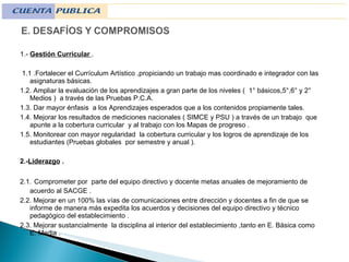 1.-  Gestión Curricular  . 1.1 .Fortalecer el Currículum Artístico ,propiciando un trabajo mas coordinado e integrador con las asignaturas básicas. 1.2. Ampliar la evaluación de los aprendizajes a gran parte de los niveles (  1° básicos,5°,6° y 2°  Medios )  a través de las Pruebas P.C.A.  1.3. Dar mayor énfasis  a los Aprendizajes esperados que a los contenidos propiamente tales. 1.4. Mejorar los resultados de mediciones nacionales ( SIMCE y PSU ) a través de un trabajo  que apunte a la cobertura curricular  y al trabajo con los Mapas de progreso . 1.5. Monitorear con mayor regularidad  la cobertura curricular y los logros de aprendizaje de los estudiantes (Pruebas globales  por semestre y anual ). 2.- Liderazgo  . 2.1.   Comprometer por  parte del equipo directivo y docente metas anuales de mejoramiento de acuerdo al SACGE . 2.2. Mejorar en un 100% las vías de comunicaciones entre dirección y docentes a fin de que se informe de manera más expedita los acuerdos y decisiones del equipo directivo y técnico pedagógico del establecimiento . 2.3. Mejorar sustancialmente  la disciplina al interior del establecimiento ,tanto en E. Básica como E. Media . 