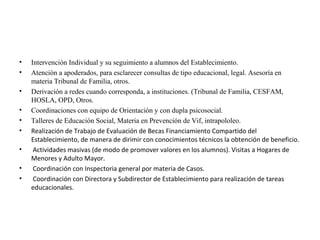 •
•
•
•
•
•
•
•
•

Intervención Individual y su seguimiento a alumnos del Establecimiento.
Atención a apoderados, para esclarecer consultas de tipo educacional, legal. Asesoría en
materia Tribunal de Familia, otros.
Derivación a redes cuando corresponda, a instituciones. (Tribunal de Familia, CESFAM,
HOSLA, OPD, Otros.
Coordinaciones con equipo de Orientación y con dupla psicosocial.
Talleres de Educación Social, Materia en Prevención de Vif, intrapololeo.
Realización de Trabajo de Evaluación de Becas Financiamiento Compartido del
Establecimiento, de manera de dirimir con conocimientos técnicos la obtención de beneficio.
Actividades masivas (de modo de promover valores en los alumnos). Visitas a Hogares de
Menores y Adulto Mayor.
Coordinación con Inspectoria general por materia de Casos.
Coordinación con Directora y Subdirector de Establecimiento para realización de tareas
educacionales.

 
