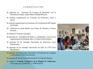 C O O R D I N A C I Ó N
Se participa en reuniones de Consejo de Directores con la
Directora de Daem, señora María Soledad Reinoso
Se realizan regularmente los Consejos de Profesores, lunes y
jueves.
Se realizan regularmente las reuniones de Coordinación del Equipo
de Gestión.
Se mantiene un canal abierto con Centro de Alumnos, Consejo
Gremial.
Se realizan 4 Consejos Escolares.
Se participa en Asambleas de Padres y Apoderados a través de la
representación de Rodrigo Díaz y Carmen Gloria Gómez.
Se participa de las Jornadas Nacionales de Directores Liceo
Bicentenario.
Se participa de las Jornadas Nacionales de Jefes de UTP Liceo
Bicentenario
Se participa de las Jornadas Nacionales de Profesores de Lenguaje
y Matemáticas Liceo Bicentenario.
Se participa de red de Liceos Bicentenario de la Quinta Región.
Se integra el Consejo Consultivo de la Región de Valparaíso,
convocado por la SEREMI. (3 JORNADAS)
 