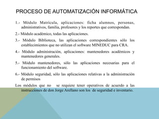 1.- Módulo Matrícula, aplicaciones: ficha alumnos, personas,
administrativos, familia, profesores y los reportes que correspondan.
2.- Módulo académico, todas las aplicaciones.
3.- Módulo Biblioteca, las aplicaciones correspondientes sólo los
establecimientos que no utilizan el software MINEDUC para CRA.
4.- Módulo administración, aplicaciones: mantenedores académicos y
mantenedores generales.
5.- Módulo mantenedores, sólo las aplicaciones necesarias para el
funcionamiento del software.
6.- Módulo seguridad, sólo las aplicaciones relativas a la administración
de permisos
Los módulos que no se requiere tener operativos de acuerdo a las
instrucciones de don Jorge Arellano son los de seguridad e inventario.
PROCESO DE AUTOMATIZACIÓN INFORMÁTICA
 