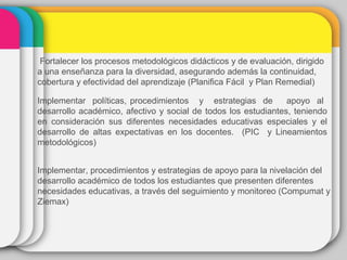 Fortalecer los procesos metodológicos didácticos y de evaluación, dirigido
a una enseñanza para la diversidad, asegurando además la continuidad,
cobertura y efectividad del aprendizaje (Planifica Fácil y Plan Remedial)
Implementar, procedimientos y estrategias de apoyo para la nivelación del
desarrollo académico de todos los estudiantes que presenten diferentes
necesidades educativas, a través del seguimiento y monitoreo (Compumat y
Ziemax)
Implementar políticas, procedimientos y estrategias de apoyo al
desarrollo académico, afectivo y social de todos los estudiantes, teniendo
en consideración sus diferentes necesidades educativas especiales y el
desarrollo de altas expectativas en los docentes. (PIC y Lineamientos
metodológicos)
 