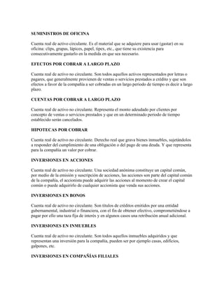 SUMINISTROS DE OFICINA

Cuenta real de activo circulante. Es el material que se adquiere para usar (gastar) en su
oficina: clips, grapas, lápices, papel, tipex, etc., que tiene su existencia para
consecutivamente gastarlo en la medida en que sea necesario.

EFECTOS POR COBRAR A LARGO PLAZO

Cuenta real de activo no circulante. Son todos aquellos activos representados por letras o
pagares, que generalmente provienen de ventas o servicios prestados a crédito y que son
efectos a favor de la compañía a ser cobradas en un largo periodo de tiempo es decir a largo
plazo.

CUENTAS POR COBRAR A LARGO PLAZO

Cuenta real de activo no circulante. Representa el monto adeudado por clientes por
concepto de ventas o servicios prestados y que en un determinado periodo de tiempo
establecido serán cancelados.

HIPOTECAS POR COBRAR

Cuenta real de activo no circulante. Derecho real que grava bienes inmuebles, sujetándolos
a responder del cumplimiento de una obligación o del pago de una deuda. Y que representa
para la compañía un valor por cobrar.

INVERSIONES EN ACCIONES

Cuenta real de activo no circulante. Una sociedad anónima constituye un capital común,
por medio de la emisión y suscripción de acciones, las acciones son parte del capital común
de la compañía, el accionista puede adquirir las acciones al momento de crear el capital
común o puede adquirirlo de cualquier accionista que venda sus acciones.

INVERSIONES EN BONOS

Cuenta real de activo no circulante. Son títulos de créditos emitidos por una entidad
gubernamental, industrial o financiera, con el fin de obtener efectivo, comprometiéndose a
pagar por ello una taza fija de interés y en algunos casos una retribución anual adicional.

INVERSIONES EN INMUEBLES

Cuenta real de activo no circulante. Son todos aquellos inmuebles adquiridos y que
representan una inversión para la compañía, pueden ser por ejemplo casas, edificios,
galpones, etc.

INVERSIONES EN COMPAÑÍAS FILIALES
 