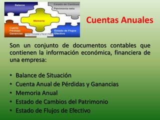 Cuentas Anuales

Son un conjunto de documentos contables que
contienen la información económica, financiera de
una empresa...