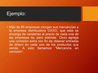 Ejemplo:
• Más de 80 empresas otorgan sus mercancías a
la empresa distribuidora OXXO, que esta se
encarga de venderlas al precio de cada una de
las empresas da, pero además Oxxo agrega
una comisión extra con fin de obtener entradas
de dinero en cada uno de los productos que
vende. A esto llamamos “Mercancía en
comisión”.
 