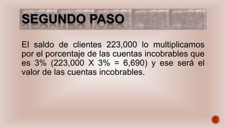 SEGUNDO PASO
El saldo de clientes 223,000 lo multiplicamos
por el porcentaje de las cuentas incobrables que
es 3% (223,000 X 3% = 6,690) y ese será el
valor de las cuentas incobrables.