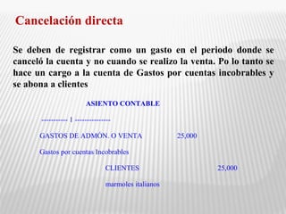 Cancelación directa 
Se deben de registrar como un gasto en el periodo donde se 
canceló la cuenta y no cuando se realizo la venta. Po lo tanto se 
hace un cargo a la cuenta de Gastos por cuentas incobrables y 
se abona a clientes 
ASIENTO CONTABLE 
----------- 1 --------------- 
GASTOS DE ADMÓN. O VENTA 25,000 
Gastos por cuentas Incobrables 
CLIENTES 25,000 
marmoles italianos 
 
