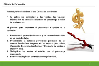 31
Método de Estimación.
Formas para determinar si una Cuenta es Incobrable
 Se aplica un porcentaje a las Ventas: las Cuentas
Incobrables se calculan aplicando un porcentaje al saldo
de ventas netas.
El proceso para encontrar el porcentaje a aplicar es el
siguiente:
1. Establecer el promedio de ventas y de cuentas incobrables
en un periodo dado.
2. Determinara la relación porcentual promedio de las
cuentas incobrables respecto de las cuentas por cobrar
(Promedio de cuentas incobrables / Promedio de ventas al
crédito * 100).
3. Multiplicar las ventas al crédito por el porcentaje
encontrado.
4. Elaborar los registros contables correspondientes.
 