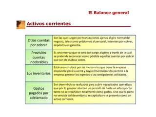 Activos corrientes
El Balance general
Son las que surgen por transacciones ajenas al giro normal del
negocio, tales como p...