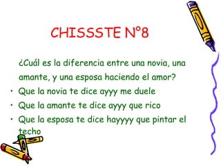 CHISSSTE N°8 ¿Cuál es la diferencia entre una novia, una amante, y una esposa haciendo el amor? Que la novia te dice ayyy me duele  Que la amante te dice ayyy que rico  Que la esposa te dice hayyyy que pintar el techo  