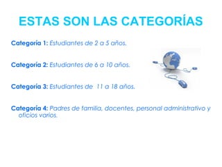 ESTAS SON LAS CATEGORÍAS
Categoría 1: Estudiantes de 2 a 5 años.
Categoría 2: Estudiantes de 6 a 10 años.
Categoría 3: Estudiantes de 11 a 18 años.
Categoría 4: Padres de familia, docentes, personal administrativo y
oficios varios.
 