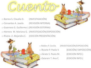 o-Barrea S. Claudia D.     (INVESTIGACIÓN)
o-Cervantes A. Javela      (REVISIÓN INTERNA)
o-Guerrero G. Guillermo J.(REVISIÓN EXTERNA)
o-Herrera M. Mariana G. (INVESTIGACIÓN/EXPOSICIÓN)
o-Rivera Z. Alejandra C.   (EDICIÓN PRESENTACIÓN)


                                   o-Robles P. Cecilia    (INVESTIGACIÓN/EXPOSICIÓN)
                                   o-Rosete P. Paola V.        (EDICIÓN/ EXPOSICIÓN)
                                   o-Zárate S. Paola M.        (EDICION INFO.)
                                   o-Zatarain T. Ana C.        (EDICION INFO.)
 