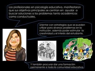 Los profesionales en psicología educativa, manifestaron que sus objetivos principales se centran en  ayudar  a buscar soluciones a los problemas tanto académicos como conductuales,  orientar con estrategias que se pueden utilizar para diversos problemas en la institución, además poder estimular  la creatividad y el interés del estudiante,  Y también procurar dar una formación permanente a toda la comunidad educativa. 