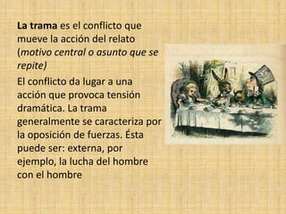 La trama es el conflicto que
mueve la acción del relato
(motivo central o asunto que se
repite)
El conflicto da lugar a una
acción que provoca tensión
dramática. La trama
generalmente se caracteriza por
la oposición de fuerzas. Ésta
puede ser: externa, por
ejemplo, la lucha del hombre
con el hombre

 