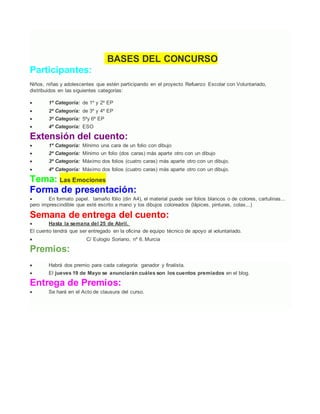 BASES DEL CONCURSO
Participantes:
Niños, niñas y adolescentes que estén participando en el proyecto Refuerzo Escolar con Voluntariado,
distribuidos en las siguientes categorías:
 1ª Categoría: de 1º y 2º EP
 2ª Categoría: de 3º y 4º EP
 3ª Categoría: 5ºy 6º EP
 4ª Categoría: ESO
Extensión del cuento:
 1ª Categoría: Mínimo una cara de un folio con dibujo
 2ª Categoría: Mínimo un folio (dos caras) más aparte otro con un dibujo
 3ª Categoría: Máximo dos folios (cuatro caras) más aparte otro con un dibujo.
 4ª Categoría: Máximo dos folios (cuatro caras) más aparte otro con un dibujo.
Tema: Las Emociones
Forma de presentación:
 En formato papel. tamaño fólio (din A4), el material puede ser folios blancos o de colores, cartulinas...
pero imprescindible que esté escrito a mano y los dibujos coloreados (lápices, pinturas, colax...)
Semana de entrega del cuento:
 Hasta la semana del 25 de Abril.
El cuento tendrá que ser entregado en la oficina de equipo técnico de apoyo al voluntariado.
 C/ Eulogio Soriano, nº 6. Murcia
Premios:
 Habrá dos premio para cada categoría: ganador y finalista.
 El jueves 19 de Mayo se anunciarán cuáles son los cuentos premiados en el blog.
Entrega de Premios:
 Se hará en el Acto de clausura del curso.
 