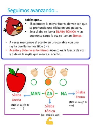 Seguimos avanzando…
Sabías que…
• El acento es la mayor fuerza de voz con que
se pronuncia una sílaba en una palabra.
• Esta sílaba se llama SILABA TÓNICA y las
que no se carga la voz se llaman átonas.
• A veces marcamos el acento en una palabra con una
rayita que llamamos tilde ( ).
• Acento y tilde no es lo mismo. Acento es la fuerza de voz
y tilde es la rayita que marca el acento.
(NO se cargó la
voz )
(NO se cargó la
voz)
(Se cargó la voz )
 