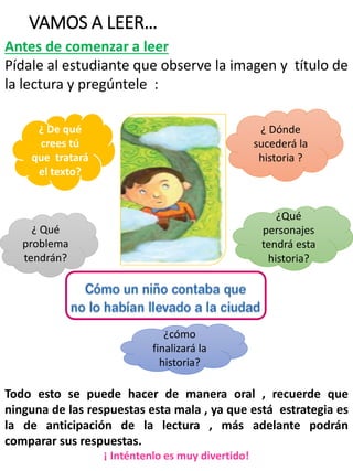 VAMOS A LEER…
Antes de comenzar a leer
Pídale al estudiante que observe la imagen y título de
la lectura y pregúntele :
¿ De qué
crees tú
que tratará
el texto?
¿ Dónde
sucederá la
historia ?
¿ Qué
problema
tendrán?
¿Qué
personajes
tendrá esta
historia?
¿cómo
finalizará la
historia?
Todo esto se puede hacer de manera oral , recuerde que
ninguna de las respuestas esta mala , ya que está estrategia es
la de anticipación de la lectura , más adelante podrán
comparar sus respuestas.
¡ Inténtenlo es muy divertido!
 