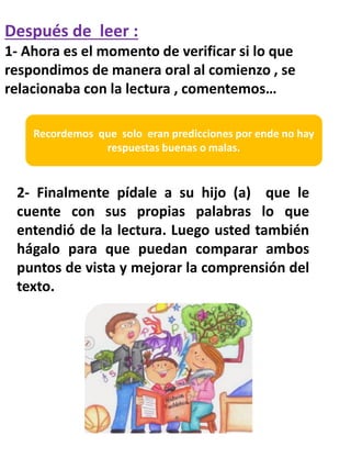 Después de leer :
1- Ahora es el momento de verificar si lo que
respondimos de manera oral al comienzo , se
relacionaba con la lectura , comentemos…
2- Finalmente pídale a su hijo (a) que le
cuente con sus propias palabras lo que
entendió de la lectura. Luego usted también
hágalo para que puedan comparar ambos
puntos de vista y mejorar la comprensión del
texto.
Recordemos que solo eran predicciones por ende no hay
respuestas buenas o malas.
 